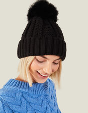 Pom-Pom Beanie Hat, Black (BLACK), large