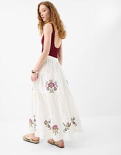 Floral Embroidered Tiered Maxi Skirt, Ivory (IVORY), large