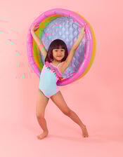 Girls Pom-Pom Frill Asymmetrical Swimsuit, Blue (AQUA), large