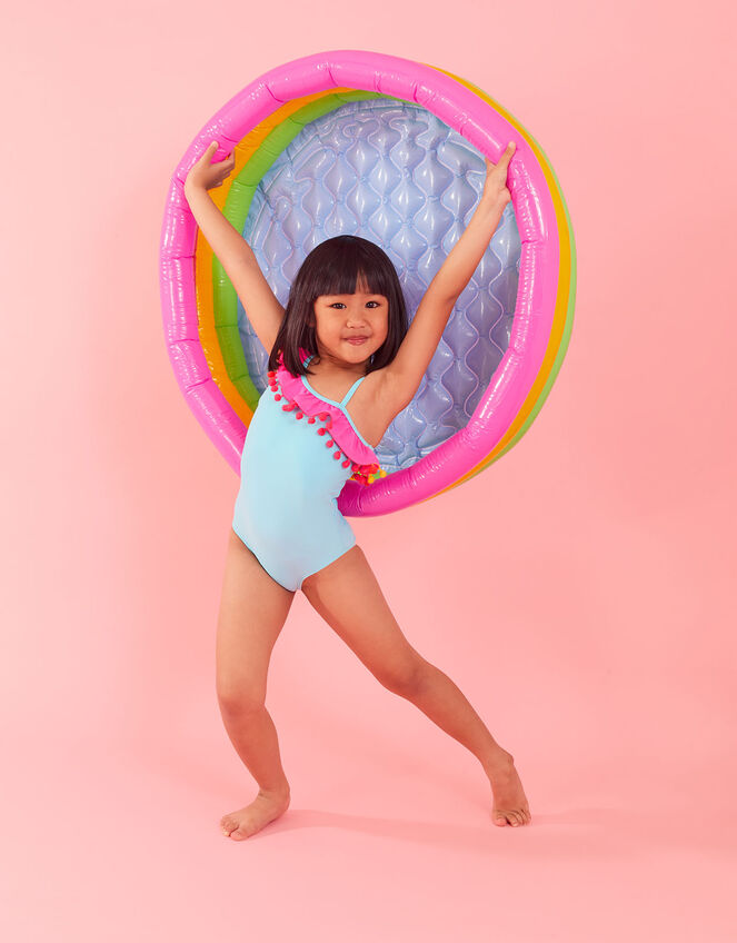 Girls Pom-Pom Frill Asymmetrical Swimsuit, Blue (AQUA), large