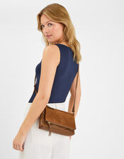 Fold Over Zip Leather Crossbody Bag, Tan (TAN), large