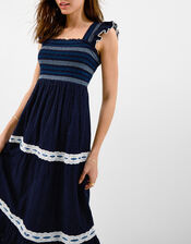 Smocked Lace Midi Dress, Blue (NAVY), large