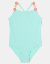 Girls Flower Strap Swimsuit , Blue (BLUE), large