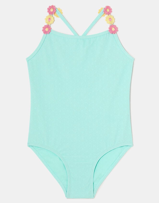 Girls Flower Strap Swimsuit , Blue (BLUE), large