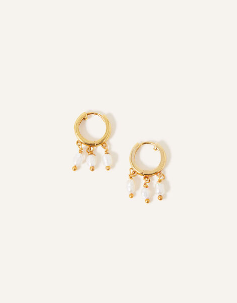 14ct Gold-Plated Pearl Huggie Hoops, , large