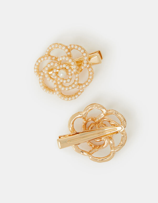 2-Pack Girls Pearl Rose Hair Clips, , large