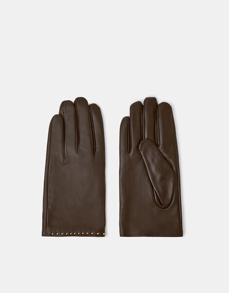 Stud Leather Gloves, Brown (CHOCOLATE), large