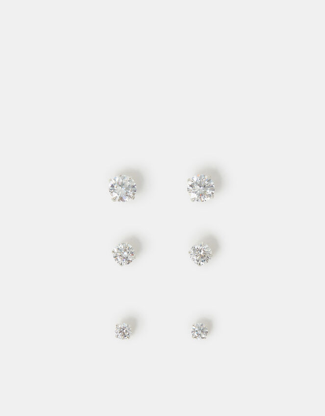 3-Pack Crystal Sterling Silver Stud Earrings, , large