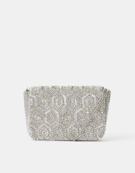Embellished Fold Over Clutch Bag, Silver (SILVER), large