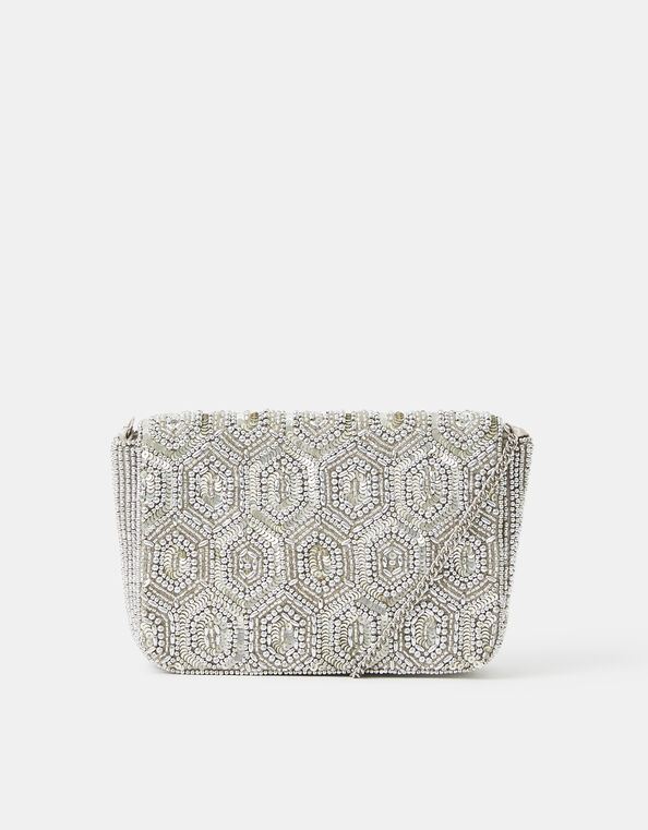 Embellished Fold Over Clutch Bag, Silver (SILVER), large