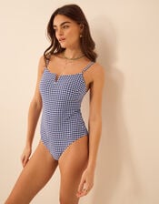 V-Front Gingham Shaping Swimsuit, Blue (NAVY), large