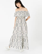 Aztec Bardot Maxi Dress , Black (BLACK WHITE), large