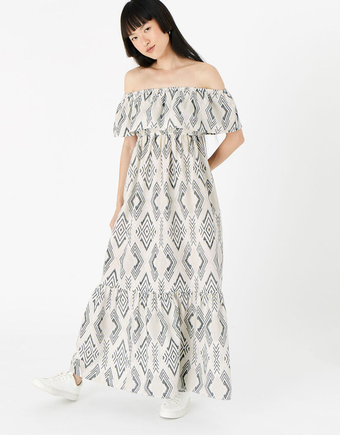Aztec Bardot Maxi Dress , Black (BLACK WHITE), large