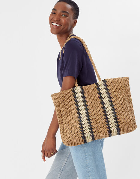 Double Stripe Raffia Shopper Bag, , large