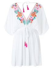 Crinkled Kaftan with Floral Embroidery, White (WHITE), large