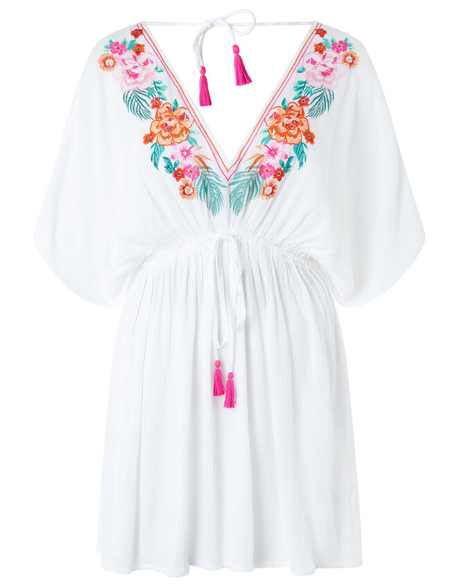 Crinkled Kaftan with Floral Embroidery, White (WHITE), large