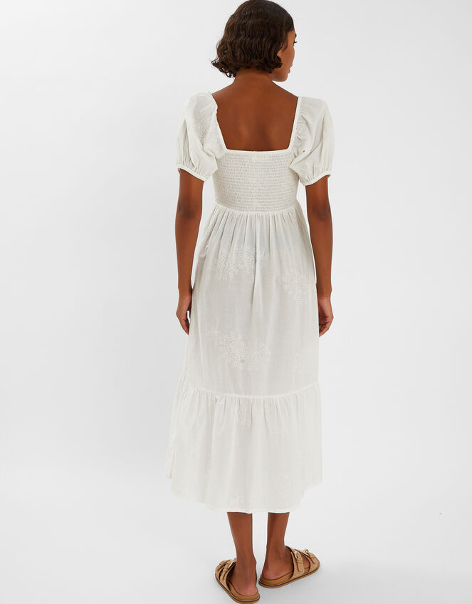 PUFF SLEEVE HIGH WAIST EMBROIDERY MIDI DRESS IN WHITE