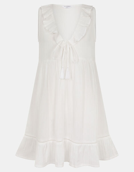 Sleeveless Ruffle Mini Dress, White (WHITE), large