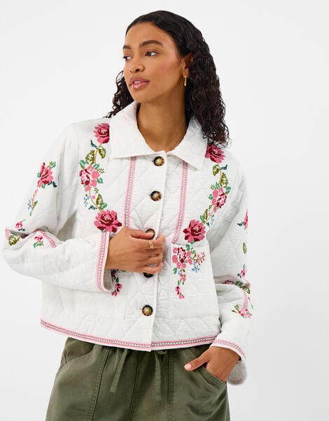 Floral Embroidered Quilted Jacket, Ivory (IVORY), large