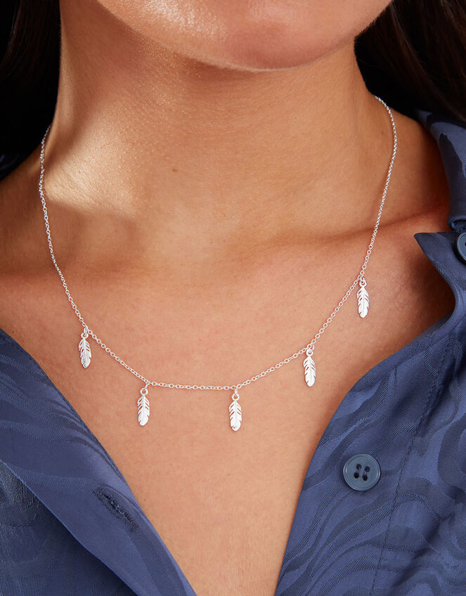 Sterling Silver-Plated Feather Station Necklace, , large