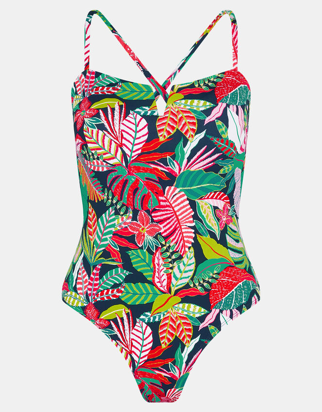 Tropical Print V Insert Swimsuit, Black (BLACK), large