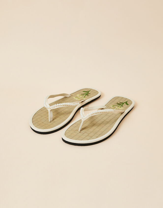 Pearl Embroidered Seagrass Flip Flops, Ivory (IVORY), large