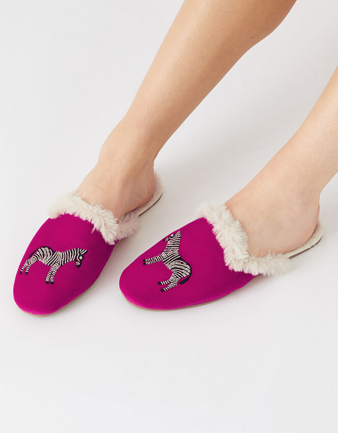 Embellished Zebra Mule Slippers, Pink (PINK), large