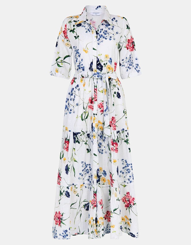 Floral Print Belted Maxi Dress, Ivory (IVORY), large