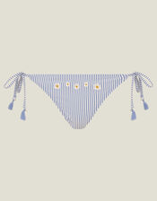 Embroidered Daisy Stripe Tie Side Bikini Bottoms, Blue (BLUE), large