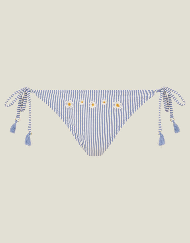 Embroidered Daisy Stripe Tie Side Bikini Bottoms, Blue (BLUE), large