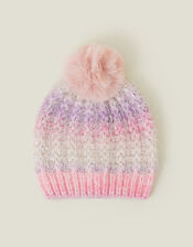Girls Fluffy Pom Ombre Sequin Beanie Hat, Purple (PURPLE), large