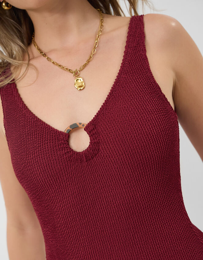 Ring Detail Crinkle Textured Swimsuit, Red (BURGUNDY), large