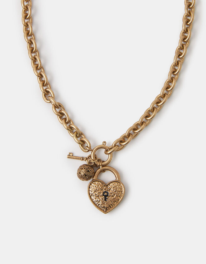 Chunky Heart Padlock Charm Necklace, , large