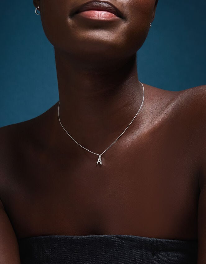 Sterling Silver Initial Pendant Necklace, Silver (ST SILVER), large