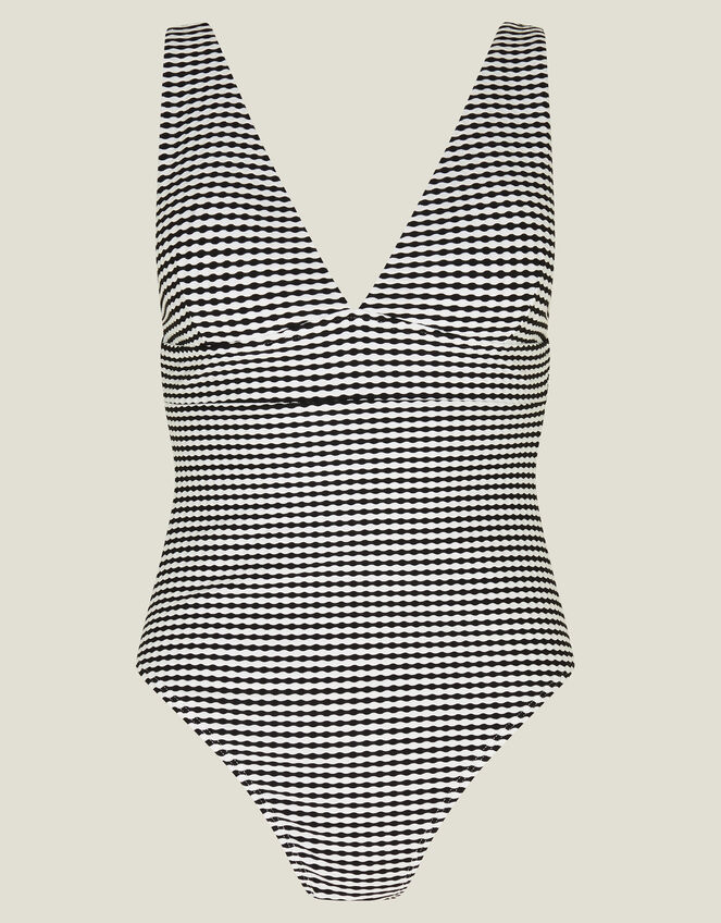 Stripe Seersucker Plunge Swimsuit, Black (BLACK WHITE), large