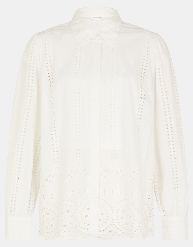 Long Sleeve Broderie Shirt, White (WHITE), large