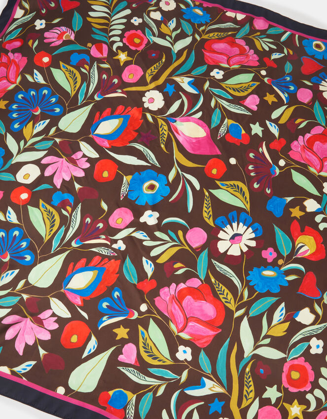 Floral Print Square Satin Scarf, , large