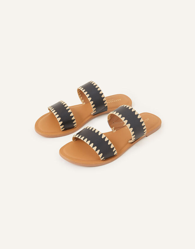 Whipstitch Leather Two Strap Sandals, Black (BLACK), large