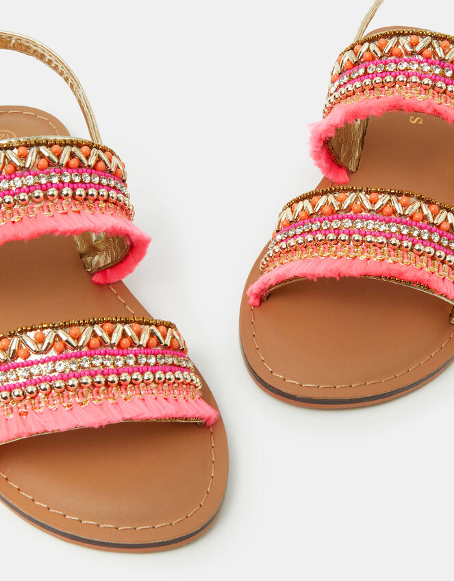 Girls Bead Embellished Strap Sandals, Orange (CORAL), large