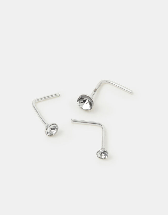 3-Pack Sterling Silver Diamanté Nose Studs, , large