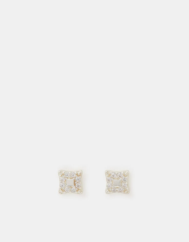 Sterling Silver Square Diamanté Stud Earrings, , large