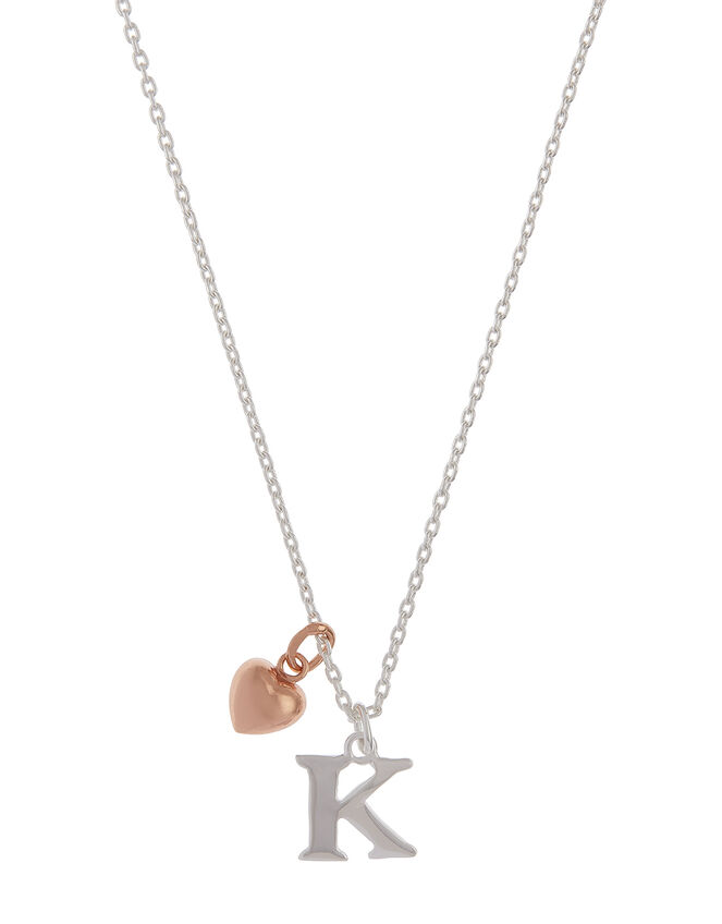 Sterling Silver Initial Necklace with Heart Charm - K, , large