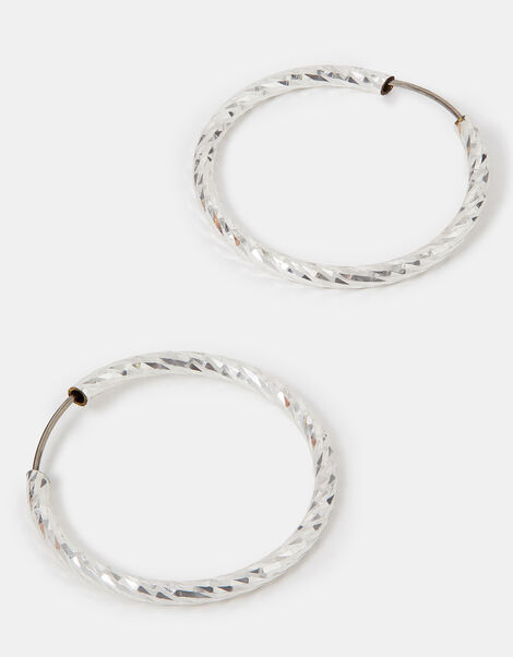 Sterling Silver-Plated Diamond Cut Hoop Earrings, , large