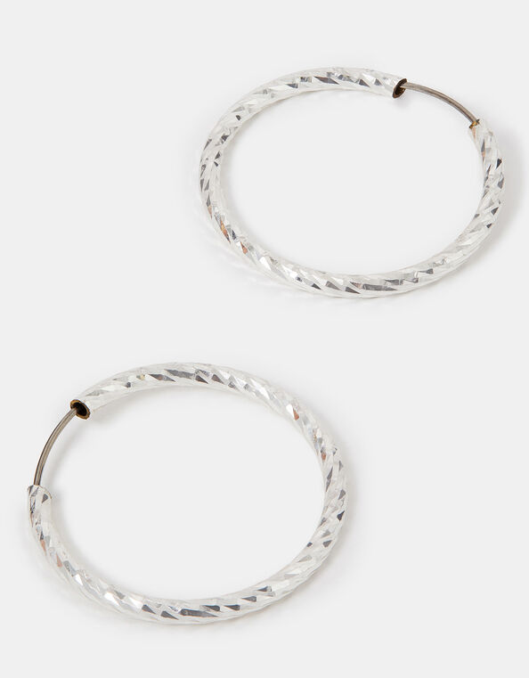 Sterling Silver-Plated Diamond Cut Hoop Earrings, , large