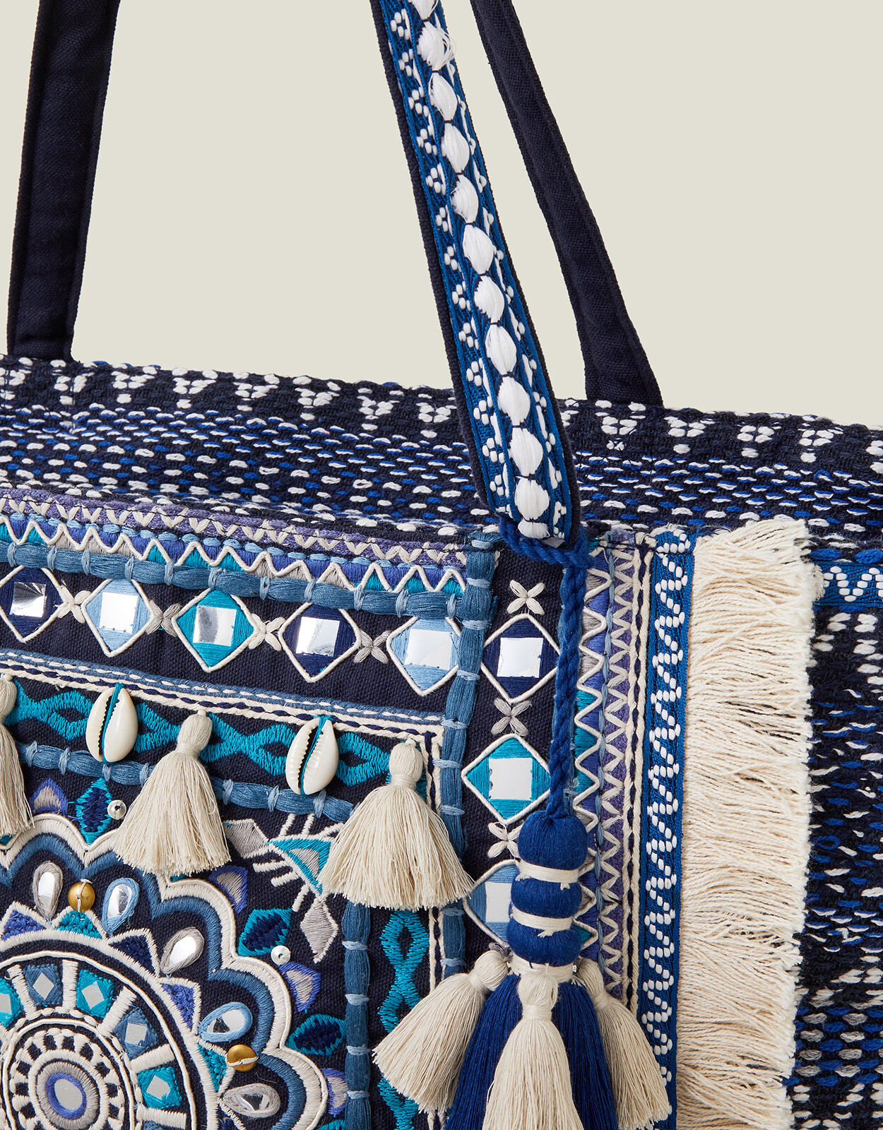 Embroidered Tassel Tote Bag
