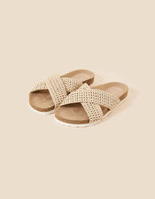 Raffia Cross Strap Footbed Sliders, Natural (NATURAL), large