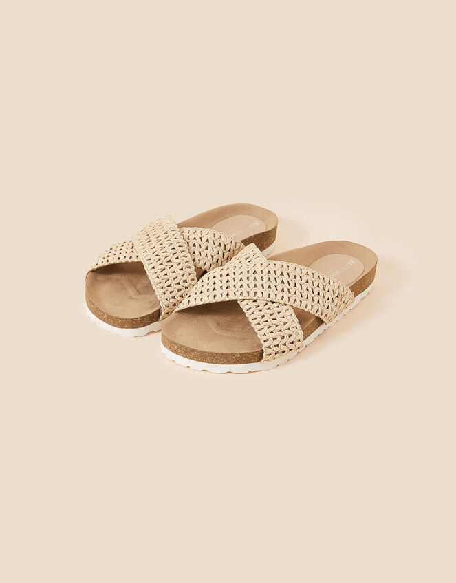 Raffia Cross Strap Footbed Sliders, Natural (NATURAL), large