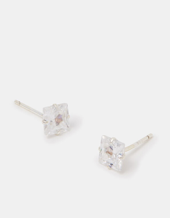 Sterling Silver Square Crystal Stud Earrings, , large