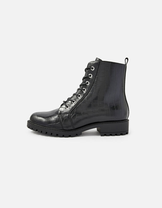 Croc Print Lace-Up Chunky Boots, Black (BLACK), large
