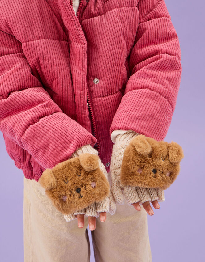 Girls Dog Fingerless Gloves with Mittens, Tan (TAN), large